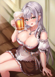 Rule 34 | 1girl, absurdres, alcohol, apron, bare shoulders, beer, beer mug, blush, bratja, breasts, cup, detached sleeves, flower, frilled apron, frilled sleeves, frills, german clothes, green eyes, hair flower, hair ornament, hand up, head tilt, heavy breathing, highres, holding, holding cup, hololive, jewelry, large breasts, long hair, maid, mug, necklace, open mouth, puffy short sleeves, puffy sleeves, shirogane noel, shirogane noel (dirndl), short sleeves, silver hair, sitting, smile, solo, very long hair, virtual youtuber, waist apron, white apron