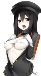 Rule 34 | 10s, 1girl, akitsu maru (kancolle), areola slip, black eyes, black hair, black skirt, breasts, gloves, hat, kantai collection, looking at viewer, navel, open mouth, pale skin, short hair, simple background, skirt, solo, tilt-shift (azalanz), underboob, white background, white gloves