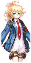 Rule 34 | 1girl, ahoge, blonde hair, blue eyes, blue jacket, bullet, highres, jacket, long sleeves, necktie, necro suicide mission, official art, pocket, ponytail, red necktie, shirt, smile, solo, standing, thigh strap, tiffany heart, transparent background, white shirt