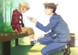 Rule 34 | 2boys, aged down, amuro tooru, bench, black shirt, blazer, blonde hair, blue eyes, blue jacket, blue pants, briefcase, brown footwear, brown hair, brown shorts, casual, child, collared shirt, commentary request, crying, crying with eyes open, dappled sunlight, day, dirty, dirty clothes, eye contact, from side, giving, green neckwear, handkerchief, height difference, holding, holding handkerchief, jacket, k (gear labo), kudou shin&#039;ichi, long sleeves, looking at another, male focus, meitantei conan, multiple boys, necktie, open clothes, open jacket, outdoors, pants, red jacket, school briefcase, school uniform, scratches, shadow, shirt, shoes, short hair, shorts, sitting, smile, sneakers, socks, squatting, striped clothes, striped shirt, sunlight, tears, teitan high school uniform, time paradox, tree, two-tone shirt, white legwear, white shirt