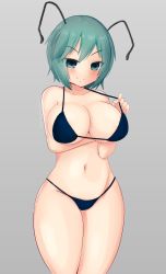 Rule 34 | 1girl, alternate breast size, antennae, arm under breasts, bad id, bad pixiv id, bare shoulders, bikini, blue bikini, blush, breasts, closed mouth, commentary request, cowboy shot, dot nose, eyes visible through hair, green eyes, green hair, grey background, groin, highres, large breasts, looking at viewer, nakimushi (kynx3748), navel, simple background, smile, solo, strap pull, swimsuit, thighs, touhou, v-shaped eyebrows, wriggle nightbug
