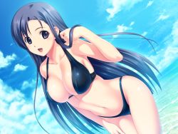 Rule 34 | 10s, 1girl, beach, bikini, black bikini, blue eyes, blue hair, breasts, cleavage, cloud, covered erect nipples, cowboy shot, day, game cg, halterneck, hand on own thigh, highres, koutaro, large breasts, long hair, matching hair/eyes, navel, open mouth, outdoors, saotome nagi, skindentation, sky, smile, solo, standing, swimsuit, tropical kiss, very long hair, wallpaper, water