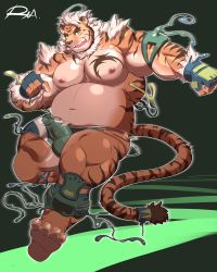 1boy abs ahoge animal_ears bara bare_pectorals beard blue_eyes bulge facial_hair full_body furry furry_male highres hombre_tigre_(housamo) large_pectorals male_focus muscular navel nipples pectorals reclamon short_hair slime_(substance) solo thick_eyebrows thick_thighs thighs tiger_boy tiger_ears tokyo_houkago_summoners underwear white_hair wrestling_outfit