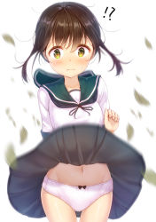 Rule 34 | !?, 1girl, black ribbon, blush, bow, bow panties, brown hair, closed mouth, clothes lift, commentary request, fubuki (kancolle), green sailor collar, hair between eyes, hand up, highres, kantai collection, lifting own clothes, minarai shachou, motion blur, neck ribbon, panties, pink panties, ribbon, sailor collar, school uniform, serafuku, shirt, short sleeves, simple background, skirt, skirt lift, solo, surprised, sweat, underwear, wavy mouth, white background, white shirt, yellow eyes