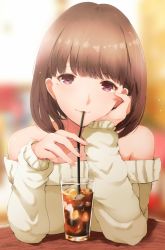 Rule 34 | 1girl, :3, anegasaki nene, arm rest, bare shoulders, blurry, blurry background, breasts, brown eyes, cup, drink, drinking straw, hand on own face, highres, ice, indoors, large breasts, light brown hair, long sleeves, looking at viewer, love plus, medium hair, mole, mole under eye, off shoulder, ryuu., smile, solo, table, upper body, wooden table