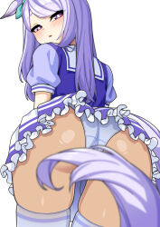 Rule 34 | 1girl, animal ears, ao (user xcnx5328), ass, horse ears, horse girl, horse tail, looking at viewer, mejiro mcqueen (umamusume), open mouth, panties, purple eyes, school uniform, simple background, solo, tail, thighhighs, tracen school uniform, umamusume, underwear, uniform, white background