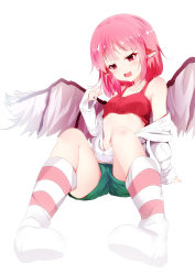 Rule 34 | 1girl, absurdres, bare shoulders, blush, breasts, collarbone, highres, huaimeng, looking at viewer, mystia lorelei, navel, open mouth, pink eyes, pink hair, pink socks, pointy ears, short hair, small breasts, socks, solo, striped clothes, striped socks, touhou, white socks, wings