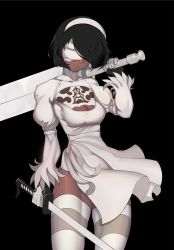 Rule 34 | 1girl, alternate color, black hair, black leotard, blindfold, breasts, cleavage, cleavage cutout, clothing cutout, covered navel, dark skin, dark-skinned female, feather-trimmed sleeves, female focus, gloves, hairband, highleg, highleg leotard, highres, holding, holding sword, holding weapon, katana, leotard, long sleeves, mole, nier (series), nier:automata, puffy sleeves, simple background, solo, soul calibur, soulcalibur, soulcalibur vi, sword, thighhighs, weapon, white blindfold, 2b (nier:automata), 2p (nier:automata)