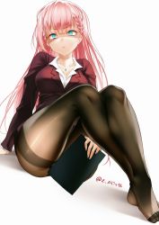 Rule 34 | 1girl, angry, arm support, artist name, black pantyhose, blue eyes, bokutachi wa benkyou ga dekinai, braid, breasts, brown jacket, clipboard, closed mouth, collared shirt, covering privates, covering crotch, crossed legs, dress shirt, dutch angle, frown, glaring, hair between eyes, highres, holding, jacket, jewelry, kirisu mafuyu, large breasts, leaning back, long hair, long sleeves, looking at viewer, necklace, no shoes, panties, pantyhose, pink hair, shirt, side braids, signature, simple background, sitting, solo, teacher, underwear, white background, white panties, white shirt, zasshu
