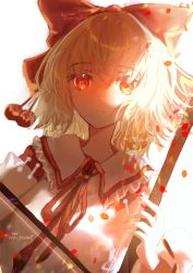 Rule 34 | 1girl, artist name, blonde hair, blouse, bow, bowtie, breasts, chinese commentary, closed mouth, collared shirt, commentary request, erhu, frills, grey shirt, hair between eyes, hands up, highres, instrument, light, long sleeves, looking at viewer, medium breasts, moenoki, pom pom (clothes), red bow, red bowtie, red eyes, satsuki rin, shirt, short hair, simple background, smile, solo, touhou, upper body, white background, wide sleeves