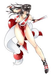 Rule 34 | 1girl, black hair, bracer, breasts, cai-man, cleavage, hand fan, grey eyes, hair ribbon, high ponytail, highres, holding, holding fan, japanese clothes, kimono, large breasts, leaning forward, legs, long hair, long legs, looking to the side, paper fan, ribbon, shiranui mai, simple background, snk, socks, solo, the king of fighters, thighs, white background, white ribbon