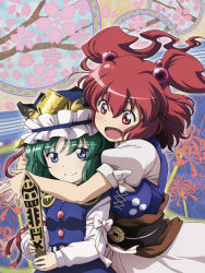 Rule 34 | 2girls, anime coloring, arm ribbon, blue eyes, breasts, cherry blossoms, flower, green hair, hair bobbles, hair ornament, hat, hat ribbon, height difference, hug, hug from behind, large breasts, long sleeves, lunamoon, multiple girls, onozuka komachi, open mouth, puffy short sleeves, puffy sleeves, red eyes, red hair, ribbon, rod of remorse, sash, shiki eiki, shirt, short sleeves, skirt, small breasts, smile, spider lily, touhou, two side up