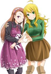 Rule 34 | 2girls, ahoge, blonde hair, boots, brown footwear, brown hair, dress, hairband, hand on another&#039;s shoulder, hoshii miki, idolmaster, idolmaster (classic), knee boots, long hair, minase iori, miri (ago550421), multiple girls, one eye closed, pantyhose, pink eyes, ribbed sweater, skirt, smile, striped clothes, striped legwear, striped pantyhose, stuffed animal, stuffed rabbit, stuffed toy, sweater, turtleneck, vertical-striped clothes, vertical-striped legwear, vertical-striped pantyhose