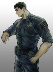 Rule 34 | 1boy, arm up, badge, belt, black hair, breast pocket, from side, gradient background, grey eyes, hand in pocket, highres, male focus, mature male, monochrome background, muscular, nape, original, pants, patch, pectorals, pocket, serious, shirt, short hair, sic 916, sideways glance, sleeves rolled up, solo, thick eyebrows, tight clothes, tight pants, tight shirt, undershirt, uniform, utility belt, very short hair
