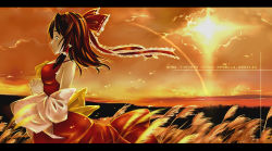 Rule 34 | 1girl, breasts, brown hair, detached sleeves, female focus, hakurei reimu, japanese clothes, letterboxed, miko, nature, outdoors, plant, sky, solo, sunset, sunway, touhou