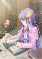 Rule 34 | 2girls, ahoge, bad id, bad pixiv id, bespectacled, blurry, book, closed eyes, crescent, crescent hair ornament, cup, depth of field, dress, female focus, glasses, hair ornament, hair ribbon, koakuma, light rays, mini person, minigirl, multiple girls, patchouli knowledge, puem, purple hair, quill, red hair, ribbon, sitting, sleeping, sunbeam, sunlight, teacup, touhou