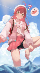 Rule 34 | 1girl, ?, absurdres, ahoge, backpack, bag, balancing, barefoot, beret, bike shorts, bike shorts under skirt, black shorts, blue sky, blush, breasts, cloud, commentary request, contrail, covered navel, cumulonimbus cloud, day, feet, flip-flops, from below, green eyes, hat, highres, hololive, jacket, letterman jacket, light rays, long hair, long sleeves, looking down, medium breasts, menomeno draw, midriff peek, official alternate costume, open clothes, open jacket, outdoors, parted lips, pink hair, pink jacket, pink sailor collar, pink skirt, plaid, plaid skirt, pleated skirt, sailor collar, sakura miko, sakura miko (school uniform), sandals, school uniform, shorts, skirt, sky, solo, spoken object, standing, standing on one leg, sunbeam, sunlight, toes, triangle mouth, virtual youtuber, wading, water, wet, white hat