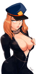 Rule 34 | 1girl, absurdres, aleksandrgav, black bodysuit, blush, bodysuit, boku no hero academia, breasts, brown eyes, brown hair, cleavage, curvy, hat, highres, large breasts, lips, looking at viewer, medium hair, parted lips, partially unzipped, solo, thick thighs, thighs, utsushimi kemii, white background, wide hips