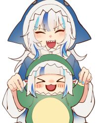 Rule 34 | 1girl, blue hair, chibi, dinosaur costume, gawr gura, gawr gura (1st costume), grey hair, hair ornament, highres, hololive, hololive english, looking at viewer, mittsu, multicolored hair, open mouth, smol gura, streaked hair, teeth, virtual youtuber, white background