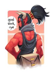 Rule 34 | 1girl, bare shoulders, black hair, black sclera, breasts, colored sclera, colored skin, demon girl, female focus, hand on own hip, highres, horns, large breasts, looking back, muscular, muscular female, original, pointy ears, red skin, shirt, sleeveless, sleeveless shirt, solo, yellow eyes