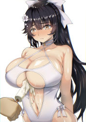 Rule 34 | 1girl, arinotowatari, arms behind back, azur lane, bare shoulders, black hair, blush, bow, breasts, brown eyes, choker, cleavage, closed mouth, commentary request, embarrassed, flower, food, hair bow, hair flower, hair ornament, huge breasts, long hair, one-piece swimsuit, paizuri, paizuri under clothes, ponytail, popsicle, simulated paizuri, solo focus, swimsuit, takao (azur lane), takao (beach rhapsody) (azur lane), very long hair, white one-piece swimsuit