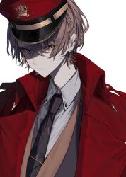 Rule 34 | 1boy, absurdres, bad id, bad pixiv id, black necktie, brown eyes, brown hair, coat, collared shirt, commentary request, cropped torso, crown print, dorq (kvv20o), earrings, expressionless, hat, head tilt, highres, jewelry, kagami hayato, kepi, looking at viewer, male focus, military hat, necktie, nijisanji, red coat, red hat, shirt, short hair, simple background, solo, undershirt, upper body, virtual youtuber, white background, white shirt