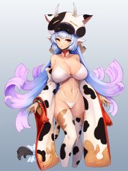 Rule 34 | 1girl, :o, animal ears, animal print, arms at sides, bare shoulders, bikini, blue hair, bow, catura (granblue fantasy), choker, collarbone, cow ears, cow girl, cow hat, cow print, cow tail, cropped legs, detached sleeves, earrings, gradient hair, granblue fantasy, highleg, highleg bikini, highres, jewelry, long hair, long sleeves, looking at viewer, multicolored hair, navel, notte, parted lips, print sleeves, print thighhighs, purple hair, red eyes, solo, stomach, swimsuit, tail, tail bow, tail ornament, tassel, thighhighs, very long hair, white bikini, white bow, white choker, white thighhighs, wide sleeves