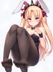 Rule 34 | 1girl, 3:, animal ears, bare shoulders, black bow, black leotard, black pantyhose, blonde hair, blush, bow, breasts, cleavage, closed mouth, collarbone, ereshkigal (fate), fake animal ears, fate/grand order, fate (series), grey background, hair bow, hand on own chest, hand up, highres, indoors, leotard, long hair, medium breasts, milkshakework, no shoes, pantyhose, parted bangs, playboy bunny, purple bow, rabbit ears, rabbit girl, rabbit tail, red eyes, simple background, sitting, soles, solo, strapless, strapless leotard, tail, tiara, tohsaka rin, two side up, very long hair, wrist cuffs