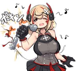 Rule 34 | 1girl, azur lane, bad id, bad twitter id, bare shoulders, black gloves, black skirt, blonde hair, blush, breasts, commentary request, gloves, hair between eyes, hair ornament, headgear, looking at viewer, microphone, multicolored hair, musical note, one eye closed, open clothes, open mouth, pleated skirt, red hair, ribbon, roon (azur lane), shirt, skirt, smile, solo, streaked hair, translated, u-non (annon&#039;an)
