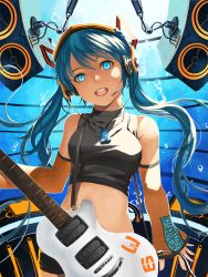 Rule 34 | 1girl, alternate costume, aqua eyes, aqua hair, bubble, cowboy shot, crop top, detached sleeves, guitar, gun sling, hatsune miku, headset, highres, instrument, left-handed, long hair, looking at viewer, midriff, open mouth, shirorin (ballet girl&#039;s), shirt, smile, solo, speaker, taut clothes, taut shirt, twintails, upside-down, vocaloid, water