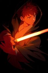 Rule 34 | 1boy, black background, black cloak, cloak, echo (circa), emiya shirou, energy sword, fate/grand order, fate (series), holding, holding lightsaber, holding sword, holding weapon, hood, hood up, hooded cloak, lightsaber, long sleeves, looking to the side, male focus, red hair, red lightsaber, robe, simple background, solo, star wars, sword, upper body, weapon, white robe, wide sleeves, yellow eyes