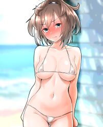 Rule 34 | 1girl, arms at sides, bare shoulders, bikini, blurry, blurry background, blush, breasts, closed mouth, collarbone, covered erect nipples, cowboy shot, furaggu (frag 0416), gluteal fold, hair between eyes, highres, horizon, kantai collection, large breasts, light brown hair, looking at viewer, messy hair, micro bikini, navel, nose blush, ocean, one-hour drawing challenge, outdoors, sheffield (kancolle), skindentation, solo, string bikini, swimsuit, thighs, underboob, water