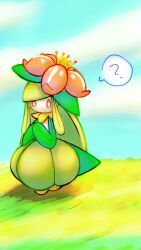 Rule 34 | 1girl, ?, ame (metorui), blue sky, cloud, colored sclera, colored skin, creatures (company), crown, day, female focus, flat chest, flower, full body, game freak, gen 5 pokemon, grass, green hair, green skin, hair flower, hair ornament, hands up, highres, leaf, lilligant, long hair, looking at viewer, mini crown, monster girl, multicolored skin, nintendo, no mouth, orange sclera, outdoors, own hands together, plant girl, pokemon, pokemon (creature), red flower, sidelocks, sky, solo, speech bubble, spoken question mark, standing, swept bangs, tilted headwear, two-tone skin, very long hair, white eyes, white skin, yellow headwear