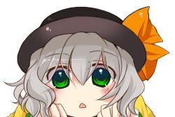 Rule 34 | 1girl, :&lt;, black hat, bowler hat, eyes visible through hair, female focus, green eyes, grey hair, hair between eyes, hands up, hat, hat ribbon, komeiji koishi, looking at viewer, open mouth, orange ribbon, portrait, ribbon, shiny clothes, short hair, solo, touhou, transparent background, triangle mouth