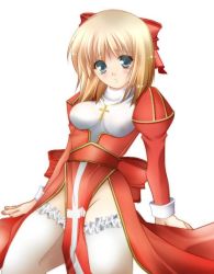 Rule 34 | 1girl, arms at sides, blonde hair, blue eyes, bridal garter, comic, cross, cross necklace, dress, frills, high priest (ragnarok online), jewelry, juliet sleeves, loincloth, long sleeves, looking at viewer, necklace, puffy long sleeves, puffy sleeves, ragnarok online, red dress, simple background, sleeve cuffs, solo, standing, thighhighs, white background, white thighhighs