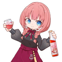 Rule 34 | 1girl, black shirt, blue eyes, blush stickers, bottle, braid, chibi, choppy bangs, closed mouth, commentary, cross-laced slit, cup, frilled shirt collar, frills, highres, holding, holding bottle, holding cup, hololive, lazurite, long skirt, long sleeves, looking at viewer, low twin braids, low twintails, official alternate costume, official alternate hairstyle, orange skirt, pink hair, puffy long sleeves, puffy sleeves, red sash, red skirt, sash, shirt, side slit, simple background, skirt, smile, solo, takane lui, takane lui (3rd costume), twin braids, twintails, virtual youtuber, w arms, white background