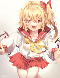 Rule 34 | 1girl, arms up, blonde hair, blush, bow, bowtie, breasts, collar, collared shirt, crystal, eyes visible through hair, fang, female focus, flandre scarlet, gradient background, grey background, hair between eyes, hair bow, hands up, highres, jewelry, long sleeves, looking at viewer, medium breasts, miniskirt, multicolored wings, no headwear, one side up, open mouth, orange eyes, puffy long sleeves, puffy sleeves, red bow, red skirt, school uniform, serafuku, shiromoru (yozakura rety), shirt, short hair, simple background, skirt, smile, solo, standing, touhou, white background, white shirt, white sleeves, wings, yellow bow, yellow bowtie