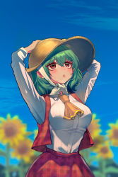 Rule 34 | 1girl, absurdres, arms up, ascot, blue sky, blurry, blurry background, blush, breasts, collar, flower, green hair, hair between eyes, hands on headwear, hands up, hat, highres, kazami yuuka, large breasts, long sleeves, looking up, open mouth, plaid, plaid skirt, plaid vest, qiu ju, red eyes, red skirt, red vest, shirt, short hair, skirt, sky, solo, sunflower, touhou, vest, white shirt, yellow ascot, yellow flower, yellow hat