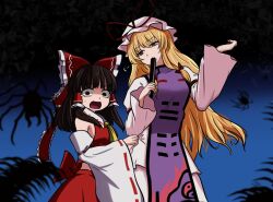 Rule 34 | 2girls, absurdres, ascot, blonde hair, bow, brown hair, bug, clothes grab, commentary request, detached sleeves, dress, fan over face, flame print, folded fan, folding fan, frilled bow, frilled hair tubes, frills, hair bow, hair tubes, hakurei reimu, hand fan, hat, hat ribbon, highres, holding, holding fan, long hair, long sleeves, looking at another, mob cap, monadmandara, multiple girls, open mouth, purple tabard, red bow, red ribbon, red skirt, ribbon, ribbon-trimmed sleeves, ribbon trim, skirt, skirt set, spider, sweatdrop, tabard, tears, touhou, yakumo yukari, yellow eyes, yin yang, yin yang print