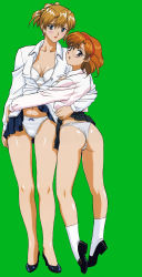 Rule 34 | 1990s (style), 2girls, absurdres, agent aika, aida rion, aika (series), aqua eyes, ass, blush, bow, bow panties, bra, breasts, brown eyes, brown hair, cleavage, clothes lift, earrings, full body, glasses, green background, hairband, hand on own hip, high heels, highres, hug, jewelry, kneepits, lace, lace-trimmed panties, lace trim, large breasts, lingerie, lipstick, looking at viewer, looking back, makeup, medium breasts, multiple girls, navel, open clothes, open mouth, open shirt, orange hair, panties, pantyshot, retro artstyle, scan, shirt, shoes, short hair, skirt, skirt lift, socks, standing, sumeragi aika, thong, underwear, white legwear, white panties, yamauchi noriyasu, yuri