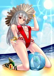 Rule 34 | 1girl, absurdres, ball, beach, beachball, blue sky, blush, bracer, breasts, can zhu, center opening, day, grey hair, hand on headwear, hand on own hip, hat, high heels, highres, juu kinzoku, kneeling, long hair, medium breasts, navel, ocean, one-piece swimsuit, outdoors, puzzle &amp; dragons, red eyes, red one-piece swimsuit, sky, solo, sun hat, swimsuit, urd (p&amp;d), water