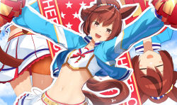 Rule 34 | 1girl, :d, animal ears, bike shorts, blue jacket, brown hair, cheerleader, crop top, gold trim, highres, holding, horse ears, horse girl, horse tail, jacket, long hair, looking at viewer, meth (emethmeth), midriff, multicolored hair, navel, nice nature (run&amp;win) (umamusume), nice nature (umamusume), open clothes, open jacket, open mouth, outstretched arms, pleated skirt, pom pom (cheerleading), red eyes, shirt, shorts, shorts under skirt, skirt, smile, solo, stomach, streaked hair, tail, umamusume, white shirt, white skirt