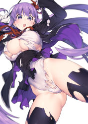 Rule 34 | 1girl, :o, arms up, bb (fate), bb (swimsuit mooncancer) (third ascension) (fate), black coat, black thighhighs, blush, breasts, coat, commentary request, fate/grand order, fate (series), gloves, groin, hair ribbon, highres, holding, jp06, large breasts, leotard, long hair, looking at viewer, open mouth, popped collar, purple eyes, purple hair, red ribbon, ribbon, simple background, skindentation, solo, thighhighs, torn clothes, underboob, vampire costume, very long hair, white background, white gloves, white leotard