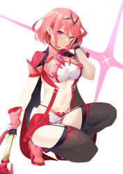 Rule 34 | adapted costume, aegis sword (xenoblade), breasts, chest jewel, daive, gem, headpiece, highres, large breasts, pyra (xenoblade), pyra (xenoblade) (prototype), red eyes, red hair, short hair, swept bangs, sword, thighhighs, thighs, tiara, weapon, xenoblade chronicles (series), xenoblade chronicles 2