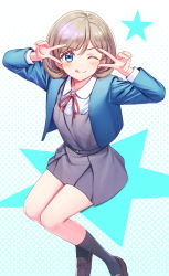 Rule 34 | 1girl, bad feet, black socks, blue eyes, blue jacket, brown footwear, closed mouth, collared shirt, commentary request, deadnooodles, double v, dress, grey dress, hands up, highres, jacket, light brown hair, loafers, long sleeves, looking at viewer, love live!, neck ribbon, one eye closed, open clothes, open jacket, red ribbon, ribbon, shirt, shoes, short dress, short hair, smile, socks, solo, star (symbol), tang keke, tongue, tongue out, v, white shirt