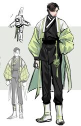 Rule 34 | 1boy, 47 lall, adapted costume, animification, apex legends, black hair, black pants, boots, clenched hand, commentary, crypto (apex legends), full body, grey eyes, grey footwear, hack (apex legends), hand in pocket, highres, korean clothes, korean commentary, looking at viewer, male focus, non-humanoid robot, pants, robot, sketch, solo focus, standing