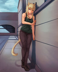 Rule 34 | 1girl, animal ear fluff, animal ears, bare shoulders, black pants, blonde hair, blush, breasts, cat ears, cat tail, cleavage, closed mouth, coconut (nekopara), female focus, full body, green tank top, heterochromia, highres, long hair, nekopara, outdoors, pants, seraziel, sky, small breasts, smile, solo, standing, tail, tank top