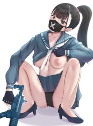Rule 34 | 1girl, black eyes, black footwear, black gloves, black hair, black panties, blue archive, blue serafuku, blue skirt, blunt bangs, breasts, collarbone, commentary request, fingerless gloves, full body, gloves, high heels, high ponytail, highres, holding, holding weapon, large breasts, lifting own clothes, long hair, long sleeves, mask, mouth mask, neckerchief, nipples, panties, pleated skirt, run sho, sailor collar, school uniform, serafuku, simple background, skirt, solo, squatting, stiletto heels, sukeban (smg) (blue archive), surgical mask, trigger discipline, underwear, weapon, white background, white neckerchief