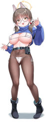 Rule 34 | 1girl, absurdres, belt, bikini, bikini over clothes, black footwear, blue archive, blue sweater, blush, boots, breasts, brown hair, brown pantyhose, crop top, glasses, halo, highres, konnyaku (kk-monmon), large breasts, long hair, long sleeves, looking at viewer, moe (blue archive), pantyhose, pantyhose under swimsuit, pouch, round eyewear, shadow, side-tie bikini bottom, simple background, solo, sweater, swimsuit, tongue, tongue out, turtleneck, turtleneck sweater, twintails, white background, yellow eyes