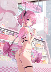 Rule 34 | 1girl, ass, back, bag, bare shoulders, blush, breasts, candy, choker, commentary request, cowboy shot, eating, food, frills, from behind, hair ornament, hair ribbon, highres, holding, holding candy, holding food, holding lollipop, jewelry, lingerie, lollipop, looking at viewer, looking back, medium breasts, omelet tomato, original, panties, pink hair, purple eyes, ribbon, ring, shoulder bag, skindentation, small breasts, solo, standing, thigh strap, thong, twintails, underwear, underwear only, wings